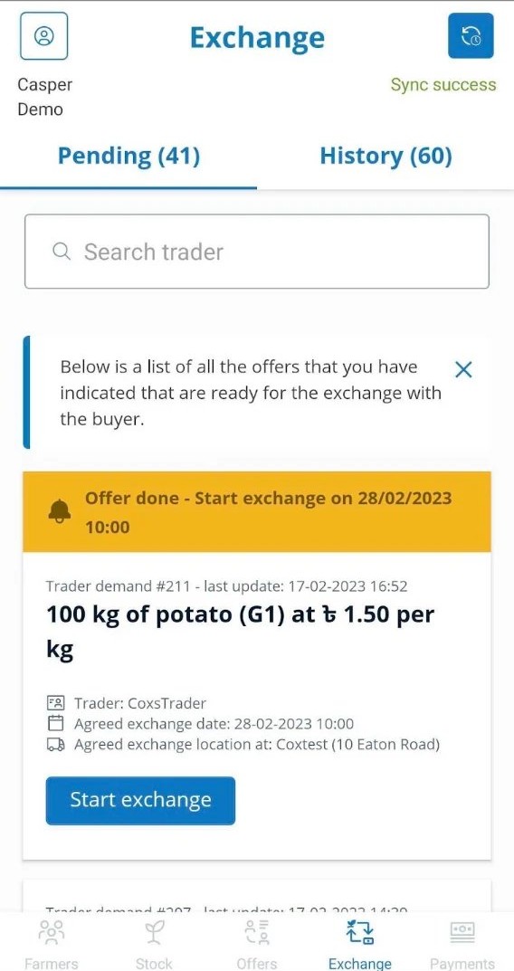 Exchange screen with pending trades