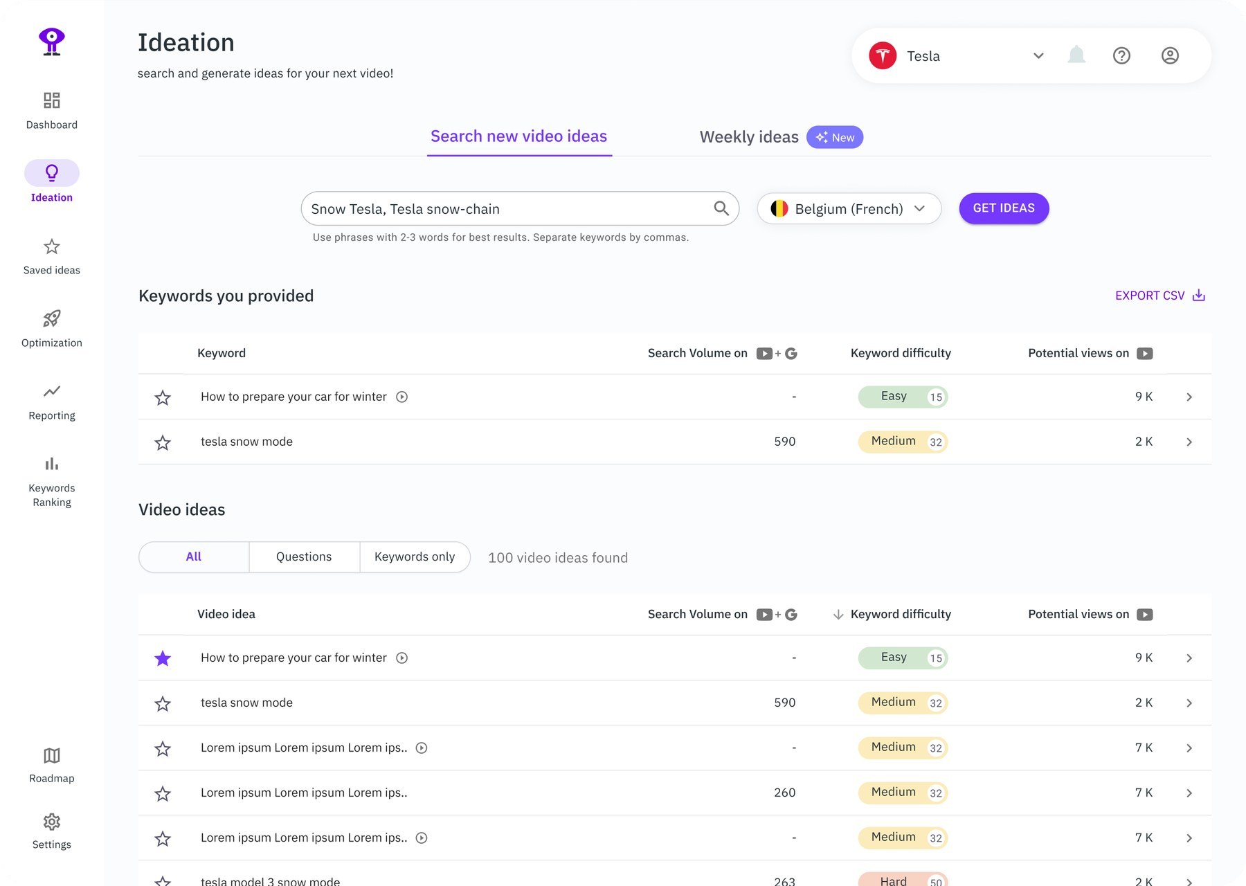 Ideation: video ideas generated from keywords, with search volume, difficulty and potential views