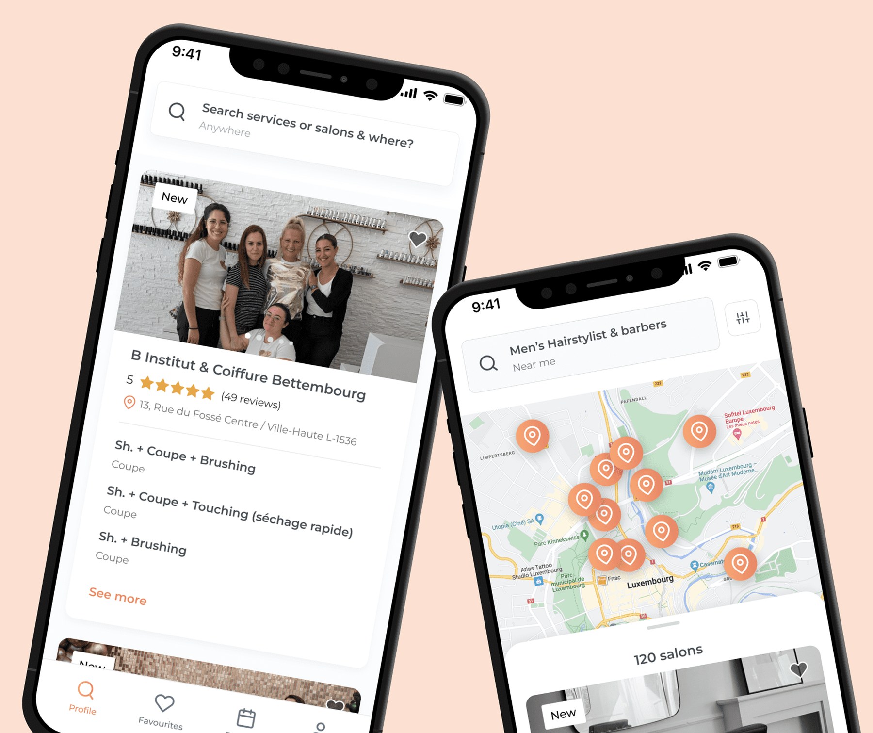 Salonkee app: salon page and map of salons